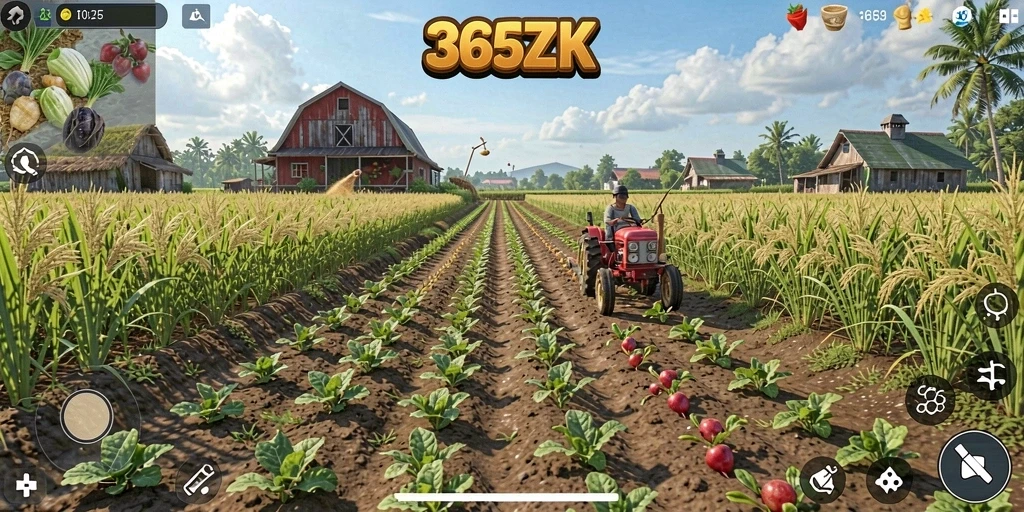 Tampilan gameplay 365ZK yang menampilkan kebun yang rimbun dan hewan peliharaan.