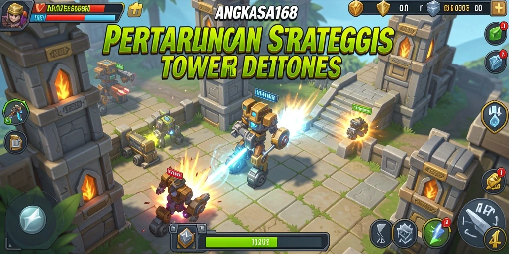 Tangkapan layar gameplay ANGKASA168 yang menampilkan pertahanan menara yang strategis.