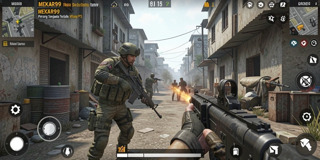 Tampilan gameplay mendebarkan dari <strong>MEKAR99</strong> yang menunjukkan aksi tembak-menembak intens.