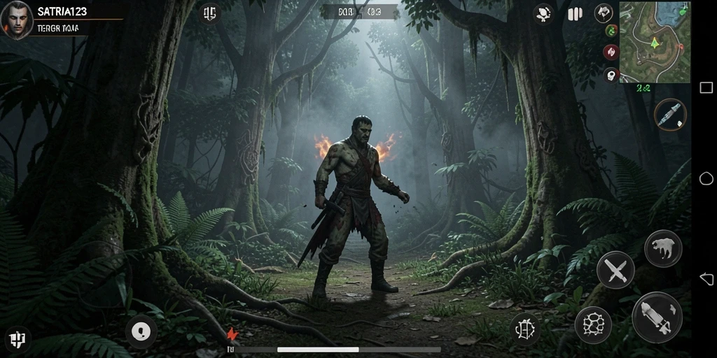 Tangkapan layar SATRIA123 menampilkan adegan mendebarkan di tengah hutan.